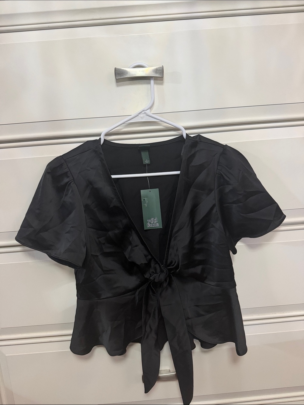 wild fable Black Satin Tie-Front Short Sleeve Blouse